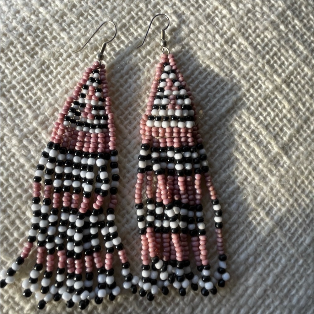 Pink, white & black striped fringe seed bead 4”+ earrings